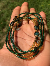 Load image into Gallery viewer, Emerald Green, Gold and Blue charms waist bead
