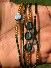 Load image into Gallery viewer, Emerald Green, Gold and Blue charms waist bead
